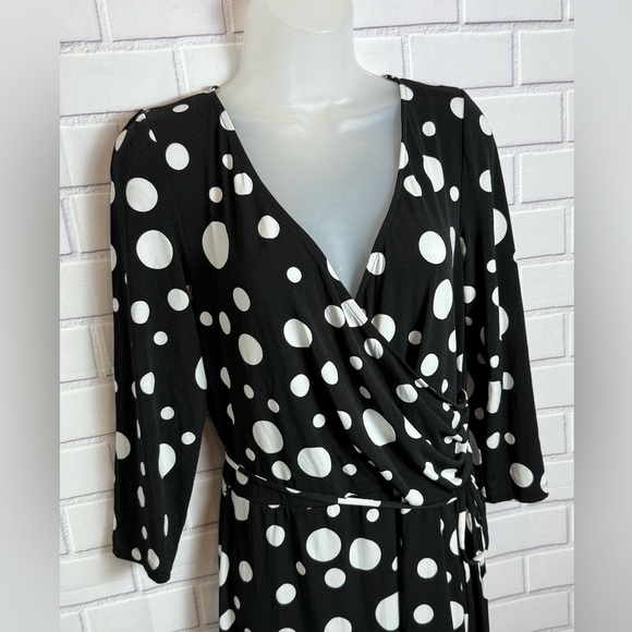 Maggy London Black and White Polka Dot wrap Long Sleeve midi Dress/size 14 - Picture 5 of 8